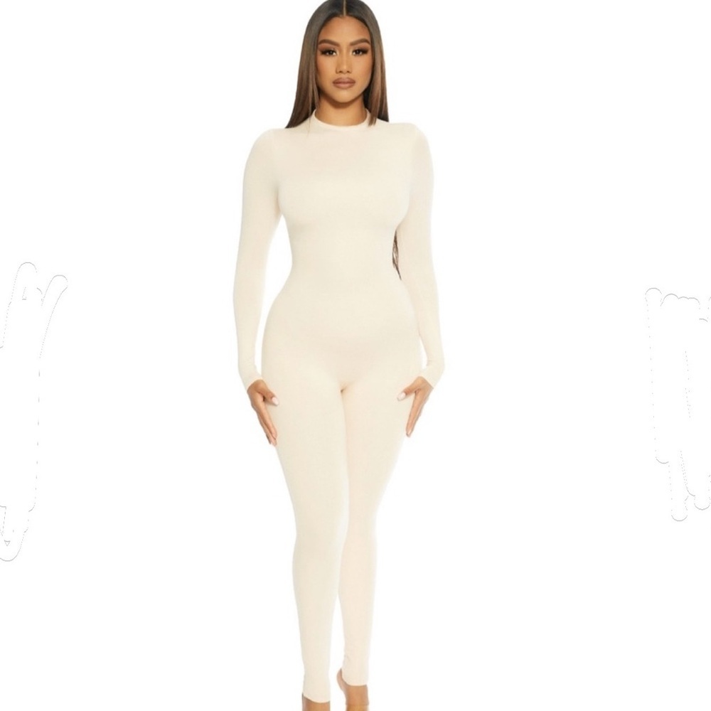 naked wardrobe Cream Long-Sleeve Fitted Jumpsuit